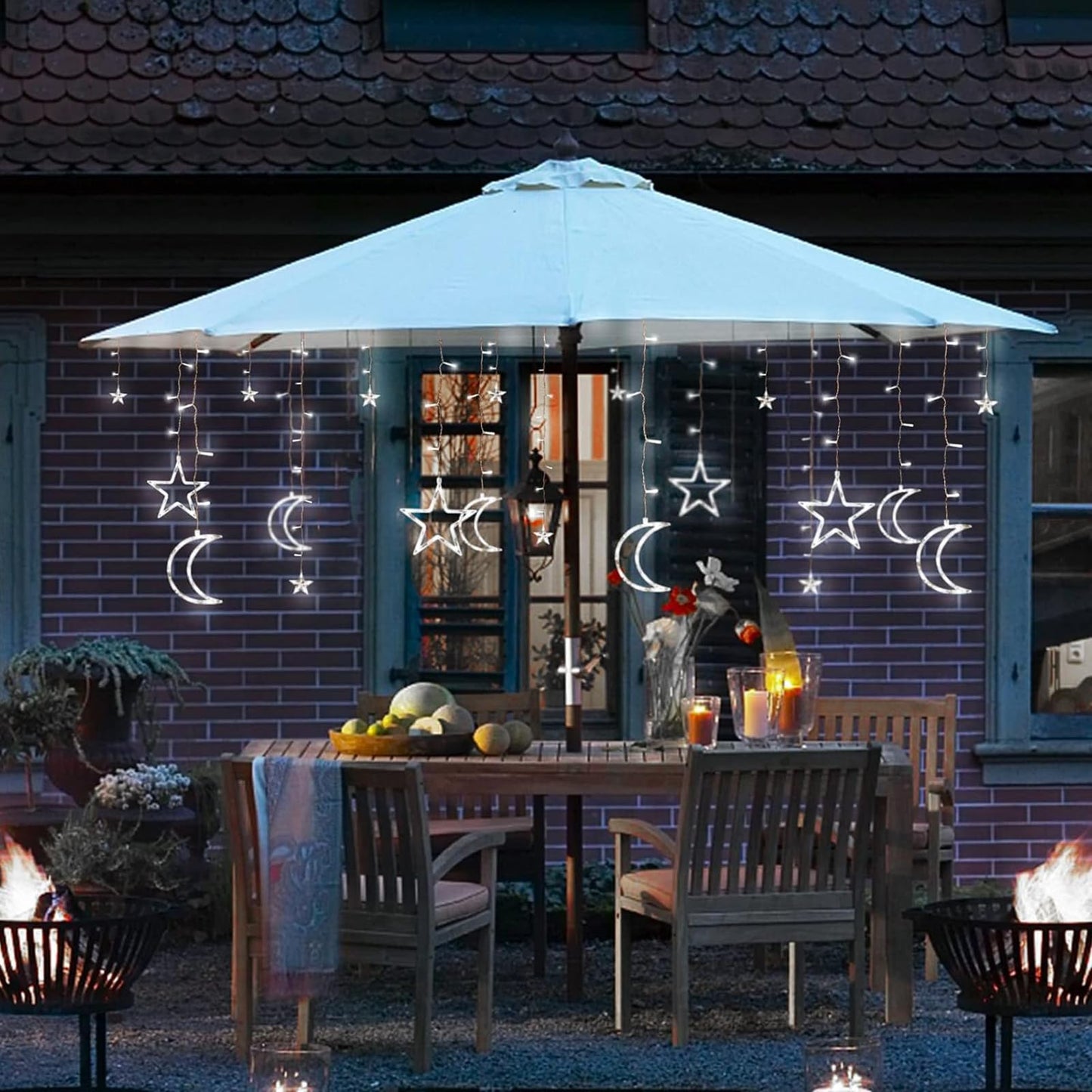 XINXIANLIAN 138 LED Ramadan Decorations Lights Solar Moon and Star Lights Outdoor Waterproof Powered Curtain Lights with 8 Modes Ramadan Hanging Decor