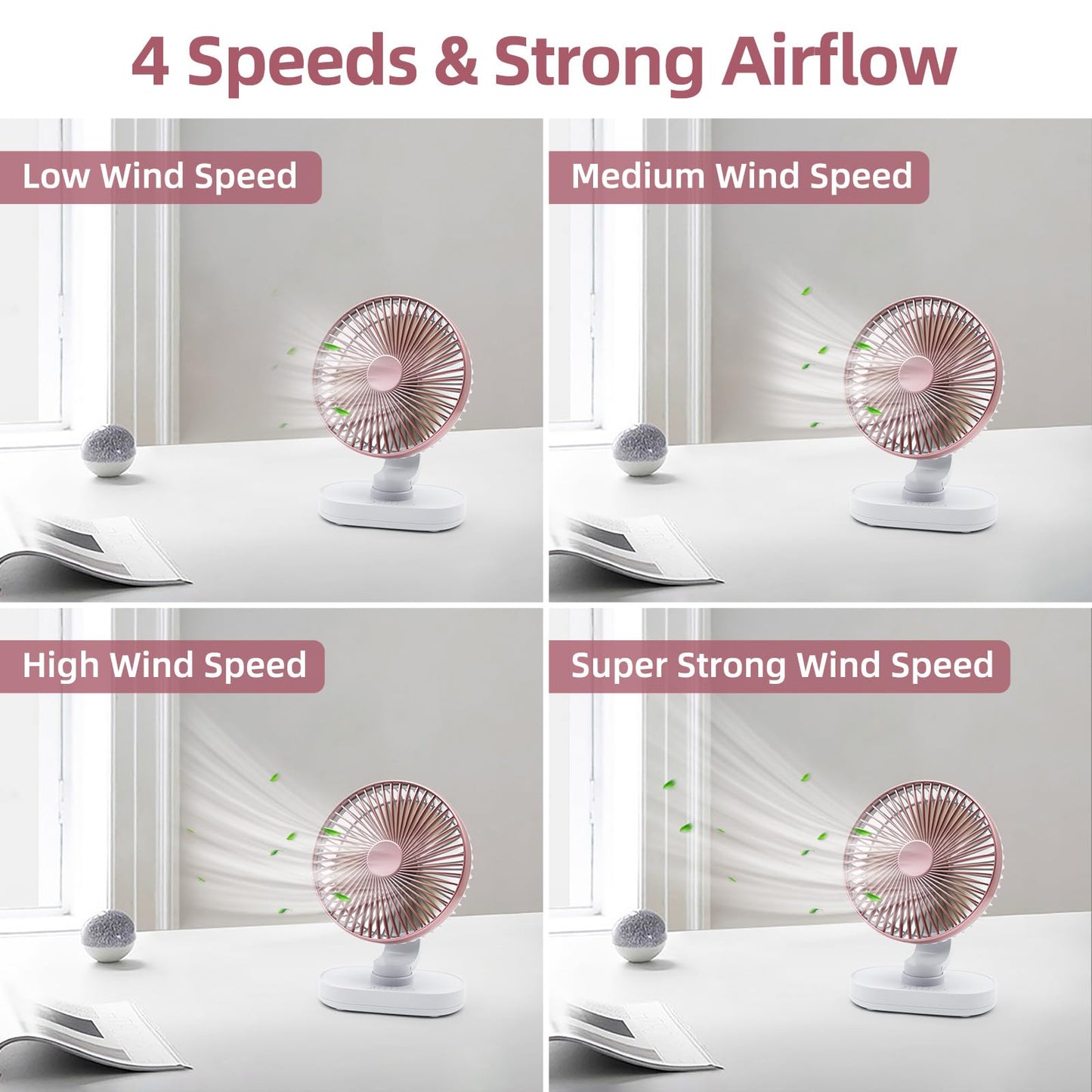 Small Oscillating Fan for Bedroom, 4000mAh Battery Powered Rechargeable Fan, 90° Vertical Manual and 120° Oscillating Desk Fan, 4 Speeds Air