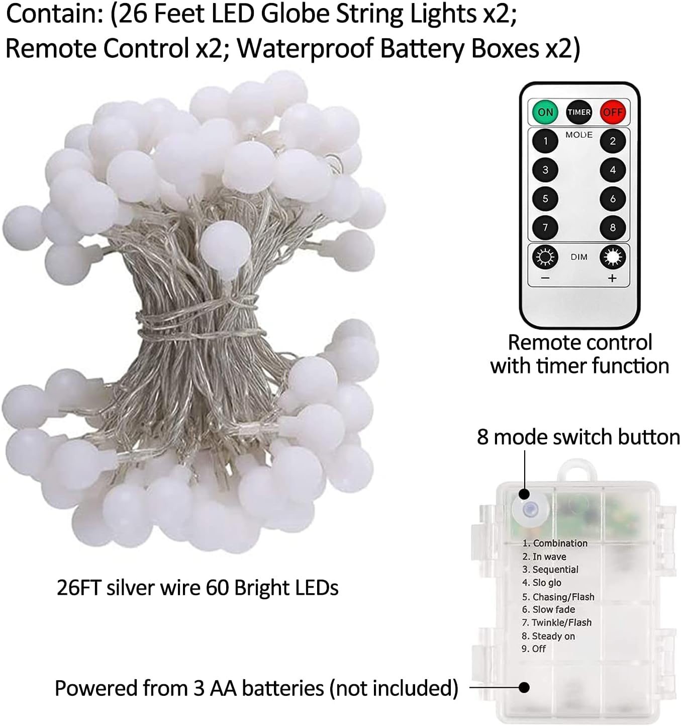 Battery Operated LED Globe String Lights, 2-Pack Total 52FT 120LEDs - Each 26FT 60LEDs 8 Mode Waterproof Christmas Fairy String Lights with Remote