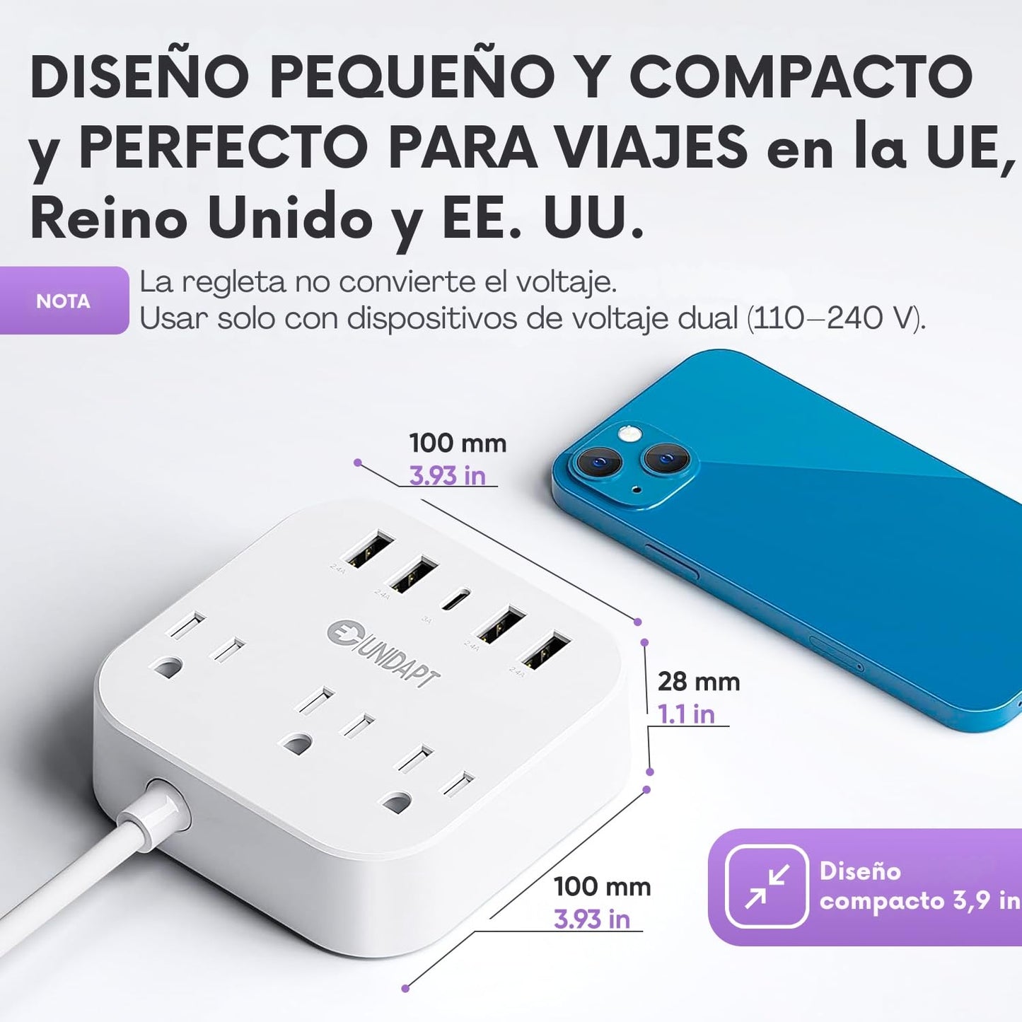 European Plug Adapter, Unidapt US to UK Europe Power Strip for EU/UK/US with USB C and 4 USB Ports, 3 AC Outlets, Wall Mountable, 5ft Extension Cord