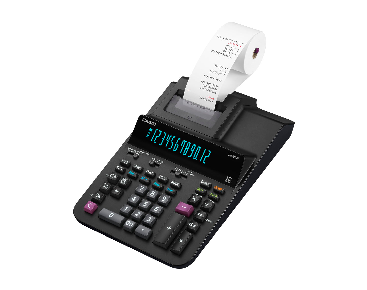 Casio DR-200R-BK Printing Calculator with 2-Color Printing, 12-Digit Front Luminous Display, 4.4 Lines Per Second Speed, Professional Business