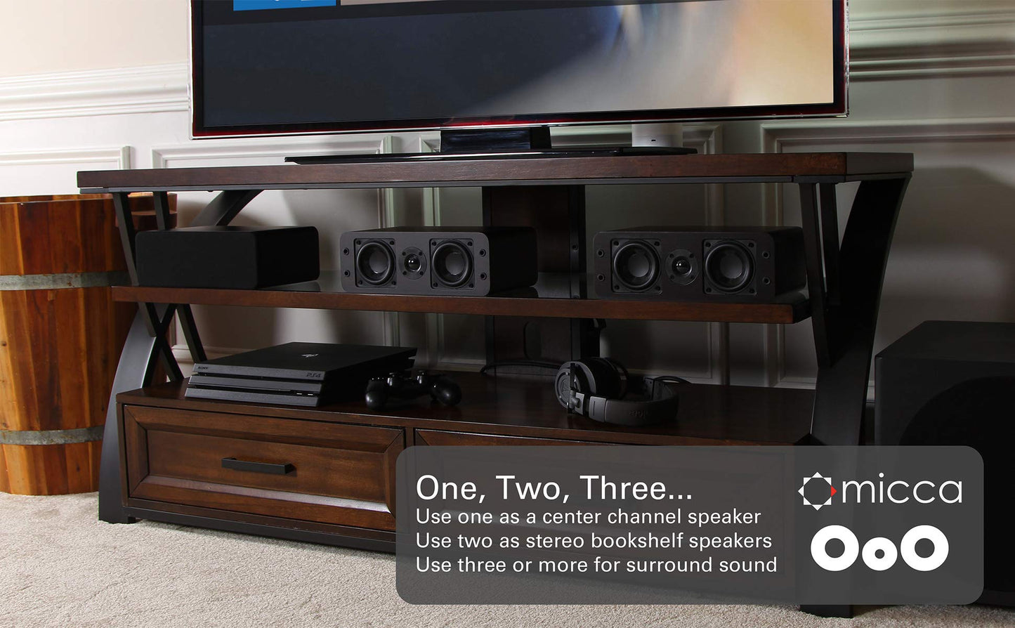 Micca OoO Slim Center Channel Speaker with 3-Inch Woofers and Silk Tweeter, Thin Design Under 4" Tall, for Desktop Stereo or Home Theater Surround