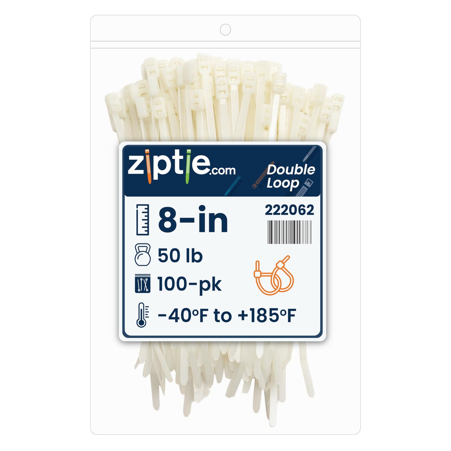 ZipTie.com 8-inch Natural Double Loop Cable Tie, 50-lb Tensile Strength, 100-Pack