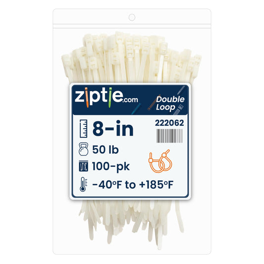 ZipTie.com 8-inch Natural Double Loop Cable Tie, 50-lb Tensile Strength, 100-Pack