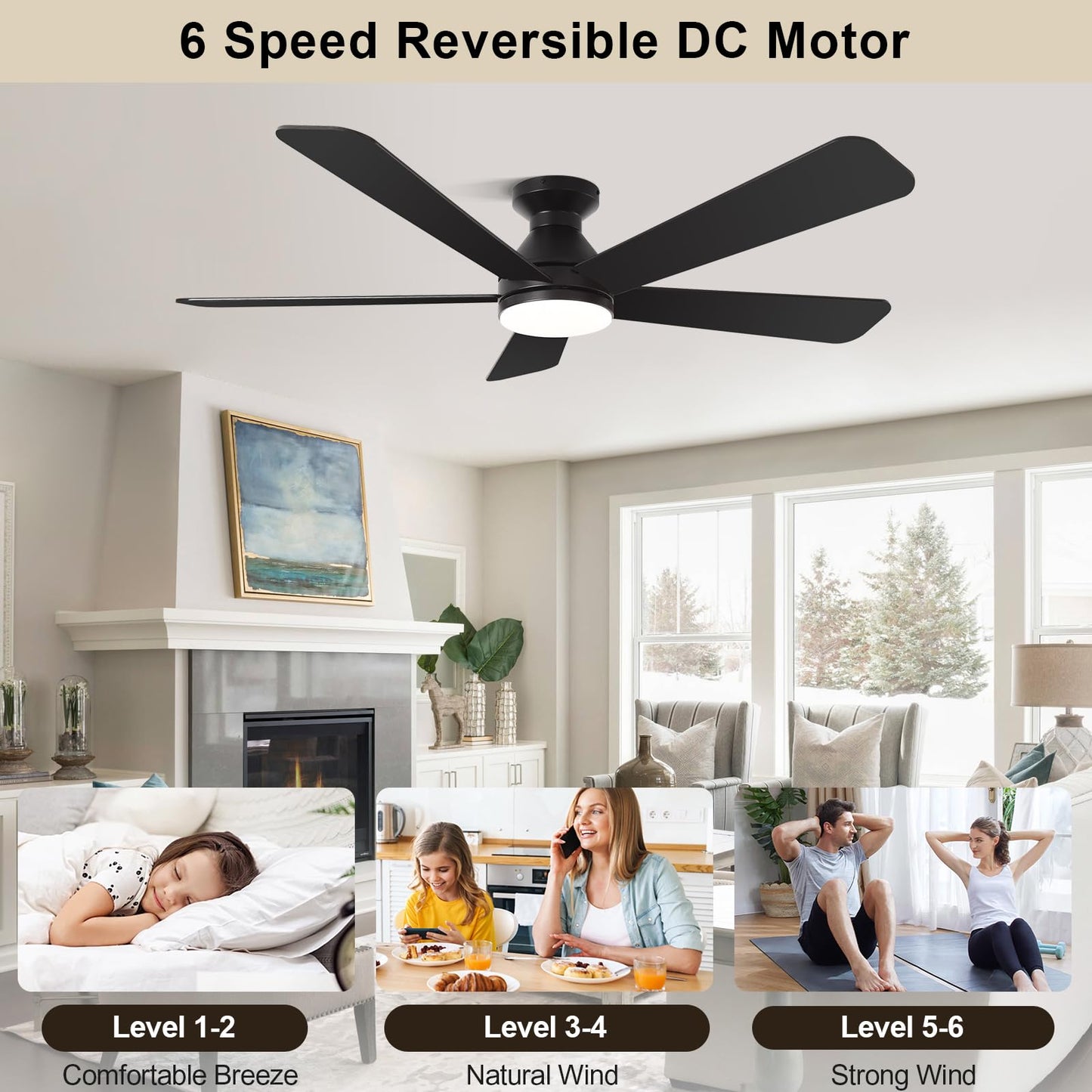 MOSSCO 52 Inch Black Low Profile Flush Mount Ceiling Fan with Light, Remote/APP Control, 3 CCT Dimmable, Noiseless DC Motor, Reversible, 6 Speed
