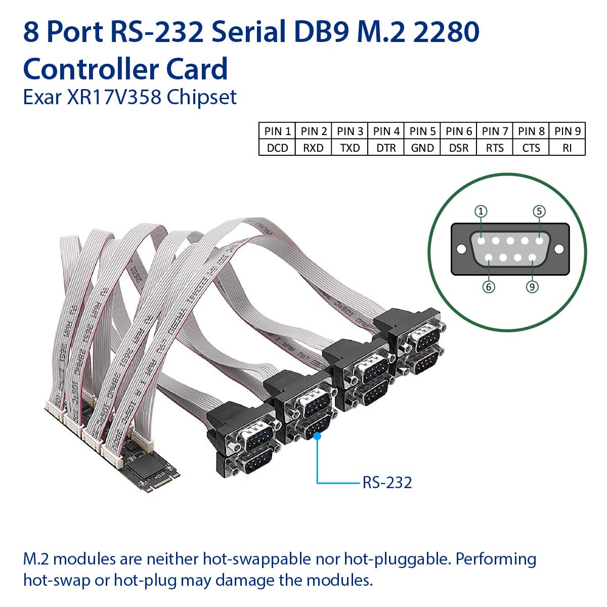 IO CREST 8 Port RS-232 DB9 Serial M.2 B+M Key Controller Card SI-ADA15071