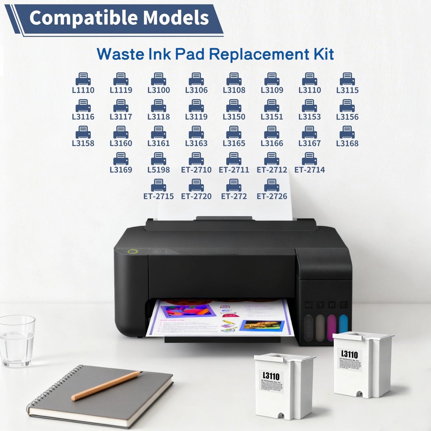 KAMAIXUN Waste Ink Pad Replacement Kit (2 Packs) Compatible Replacement for ET-2712/2726/2720/L3110 Printer, Maintenance Box Included - Printer Repair