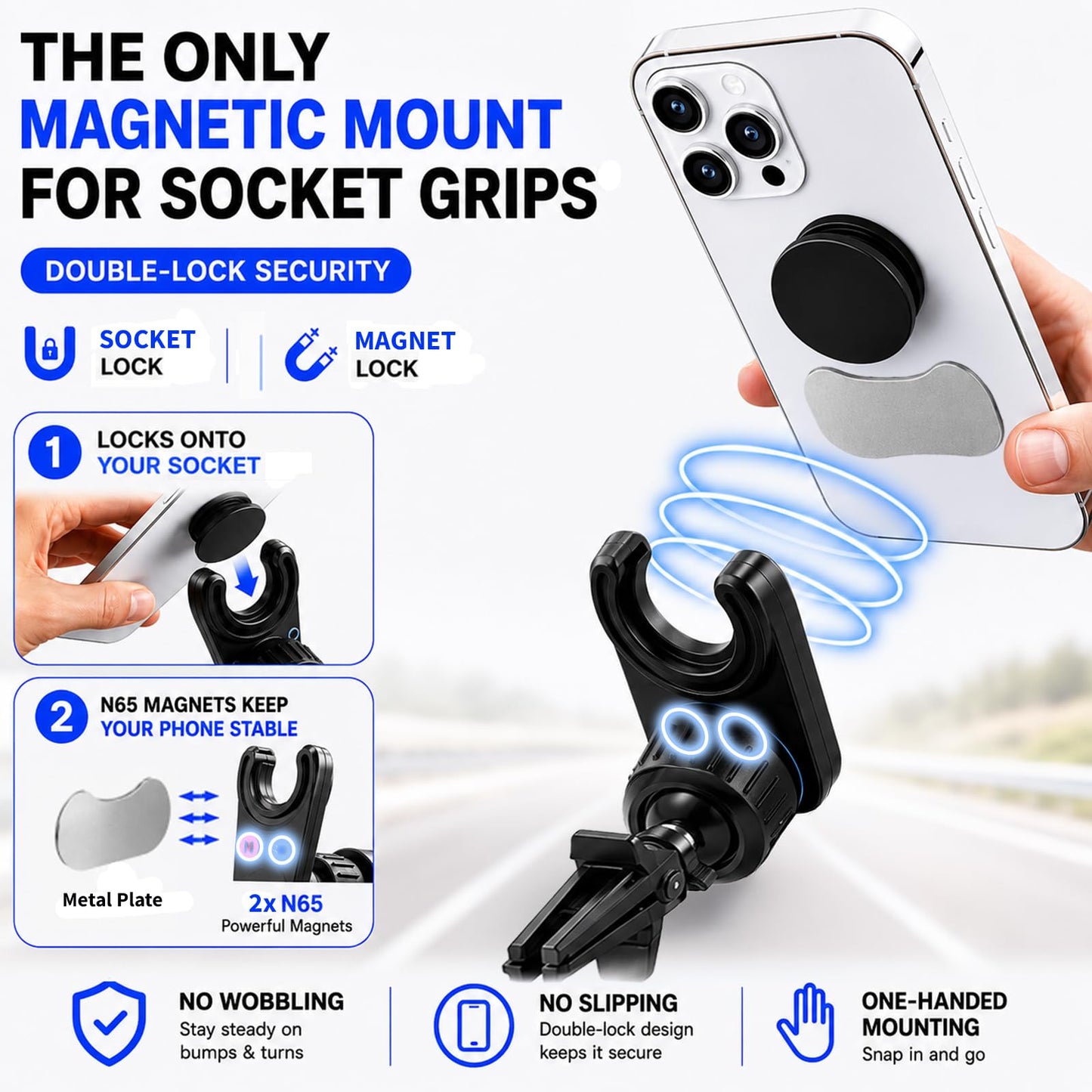 MCCHJoy 2X-Hold Magnetic Car Mount for PopSockets, Easy to Install Air Vent Mount, Adjustable and Secure, Fits All Phones All Socket Grips, Upgraded