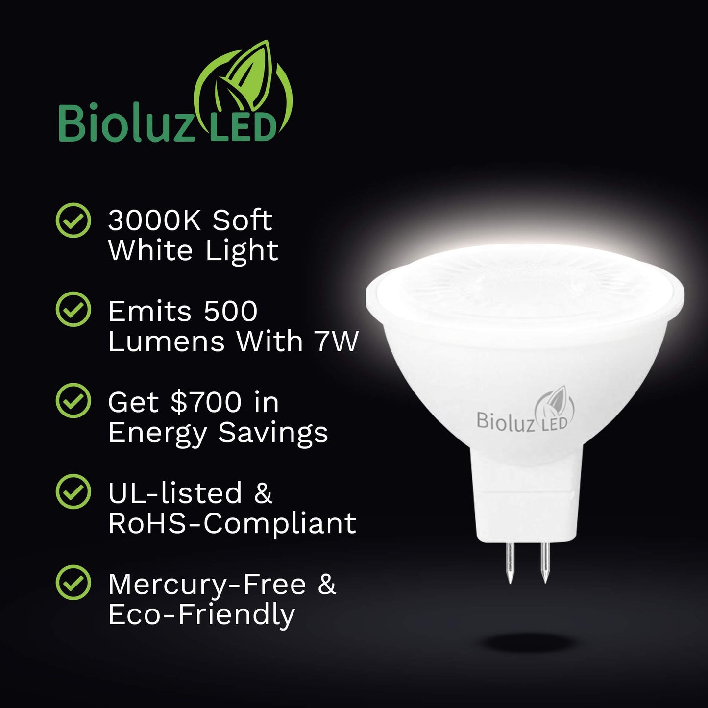 Bioluz LED Light Bulb - MR16 LED Bulb, 7W LED Light - 6 Pack 50W Halogen Replacement Non-Dimmable 3000K 12V AC/DC UL Listed Light Bulbs, LED Lights