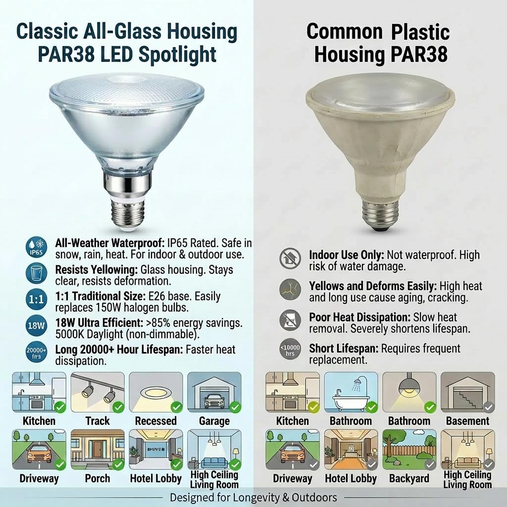 Classic Glass PAR38 LED Flood Light Bulbs Outdoor/Indoor, LED 18W (150W Halogen Equivalent), 5000K Daylight,IP65 Waterproof E26 PAR38 Spotlight