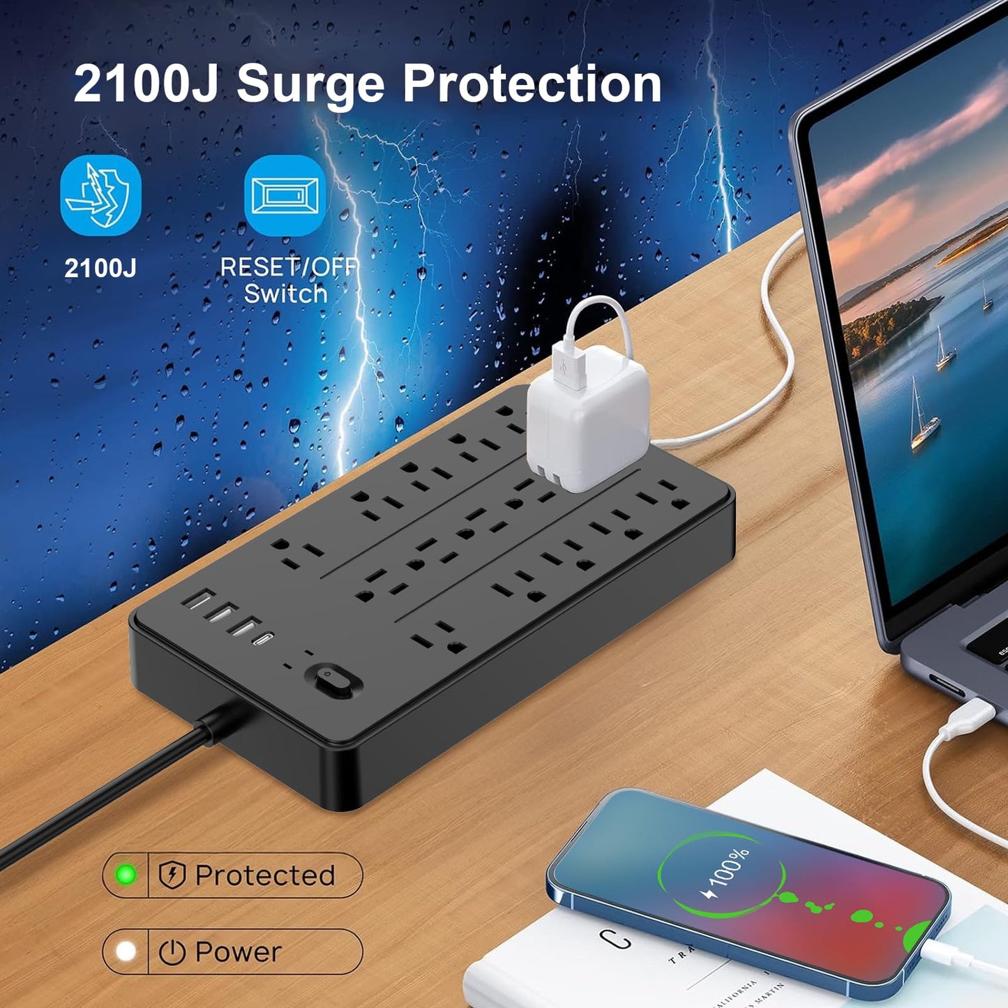 5 FT Flat Plug Surge Protector Power Strip,15 Multiple AC Outlets with 4 USB Ports (1 USB C), 5 Feet Extension Cord, 1625W/13A, One Touch Switch