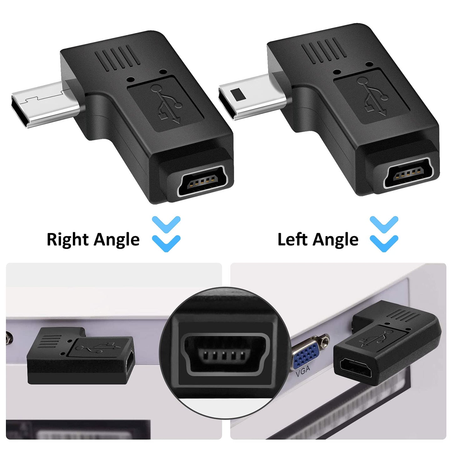 UCEC USB 2.0 Adapter Plug, Mini USB to Mini USB, Left and Right Angle Mini to Mini - Male to Female - Pack of 2