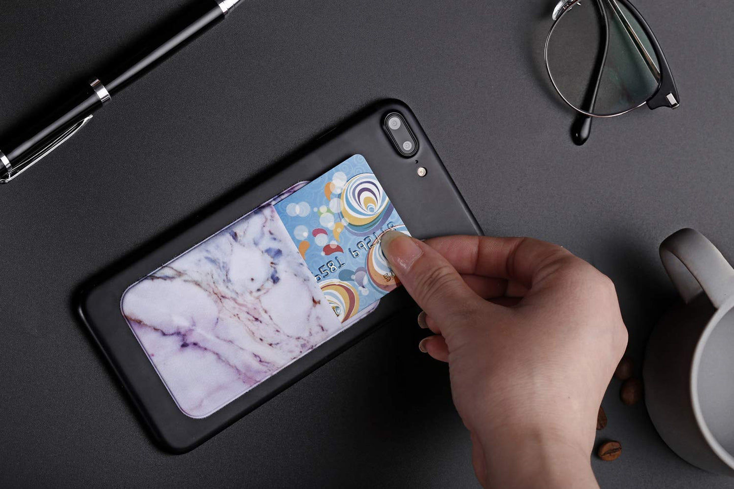 2Pack Marble Adhesive Phone Pocket,Cell Phone Stick On Card Wallet Sleeve,Credit Cards/ID Card Holder(Double Secure) with Sticker for Back
