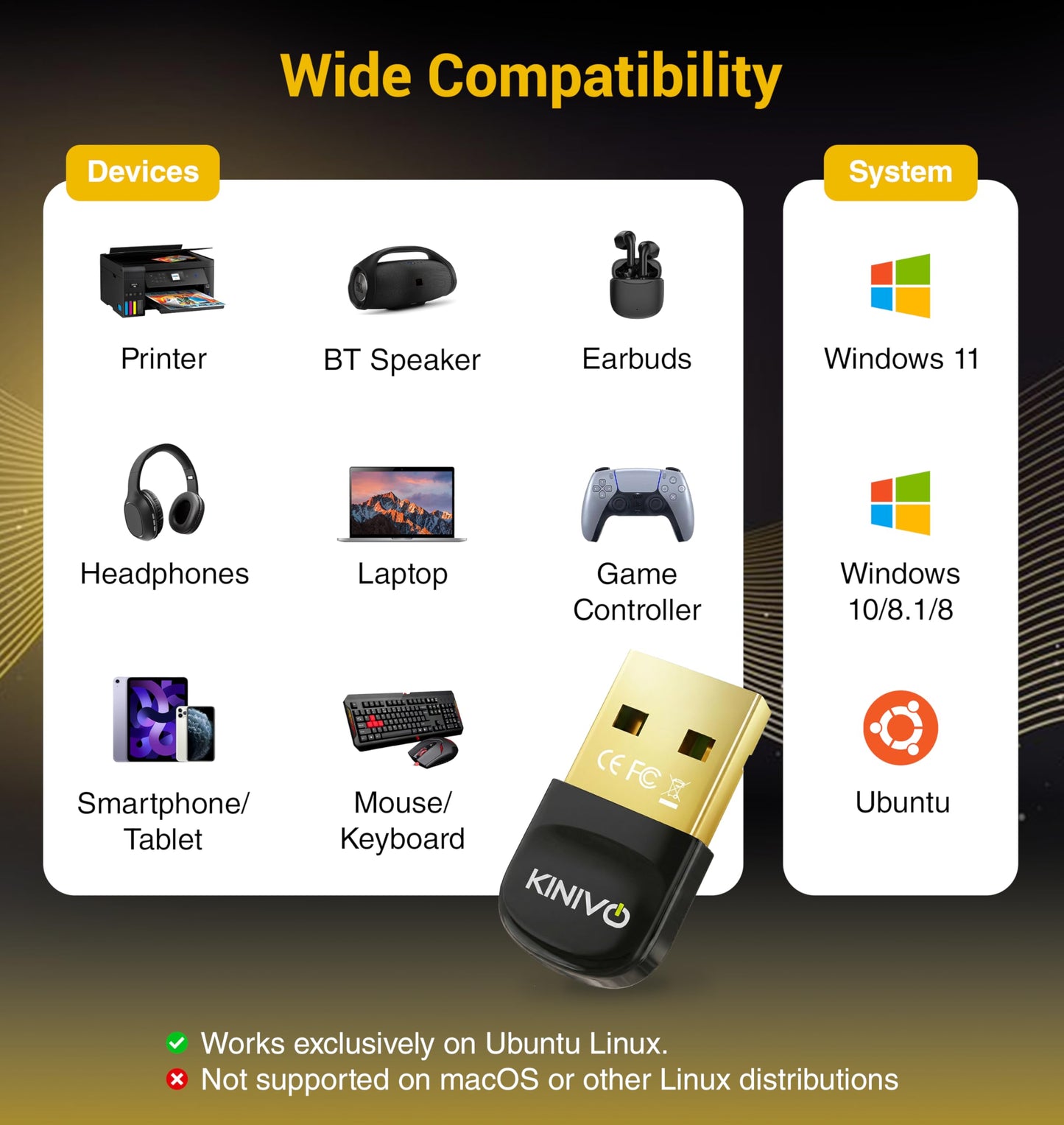 Kinivo USB Bluetooth Adapter for PC (BT6.0, Plug & Play Wireless Dongle Receiver for Ubuntu, Windows 11/10/8.1/8) - Works with Laptop, Headsets