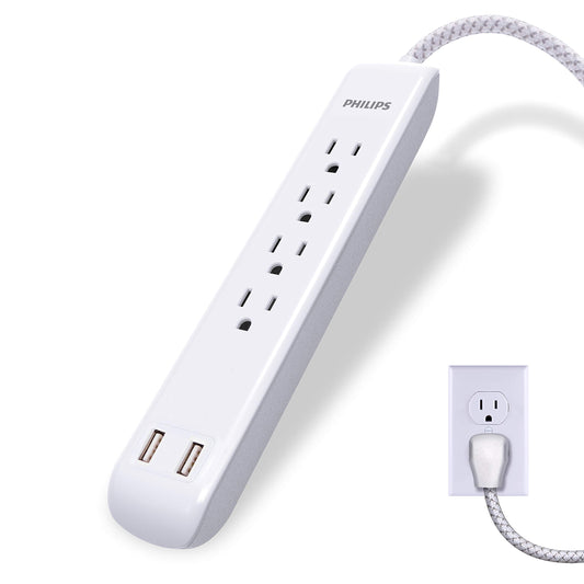 Philips 4 Outlet Power Strip Surge Protector with 2 USB Ports, 4 Ft Power Cord, Designer Braided Extension Cord, Flat Plug Extension Cord, 720 Joules
