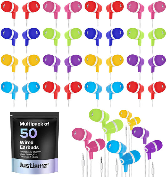 JustJamz Bulk Earbuds for Classroom, 100 Pack - 3.5mm Basic Wired Earbuds in Bulk for Students, Disposable Headphones for School Testing, Group…