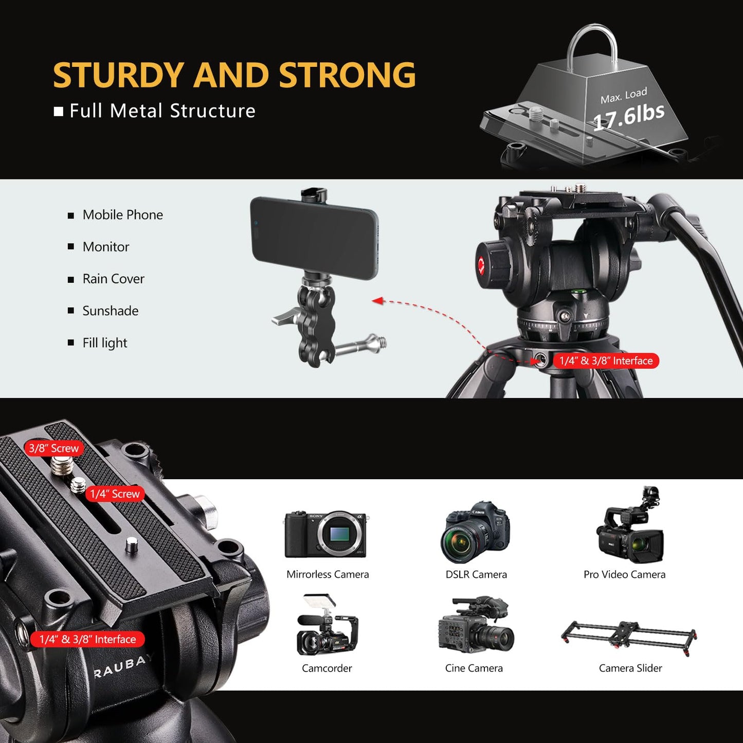RAUBAY 70.8" Video Camera Tripod, Heavy Duty Tripods Stand with 360° Pan & 165° Tilt Fluid Head, 75mm Bowl Base, Aluminum Single Tube Legs, QR Plate