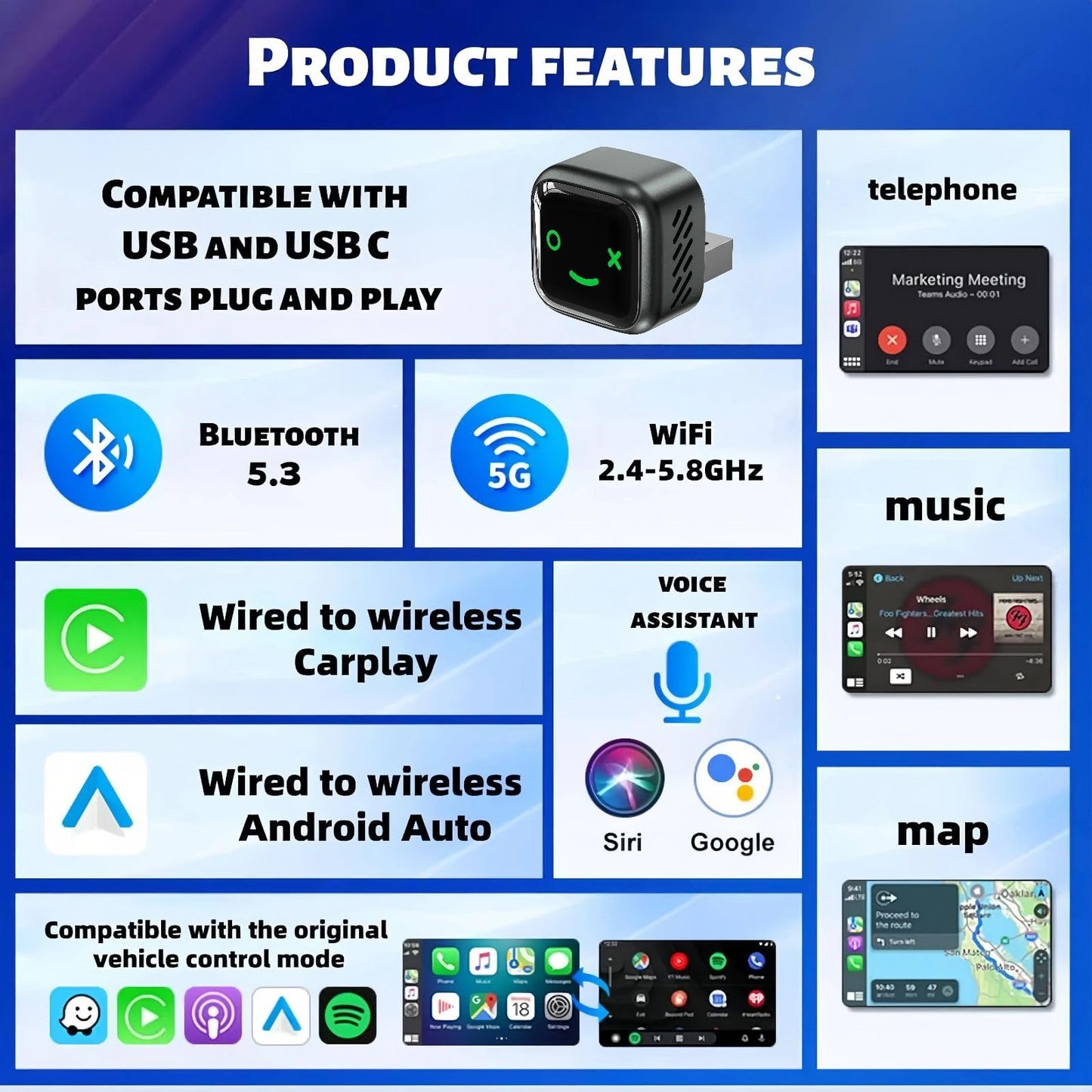 HNSYCHH Mini CarPlay & Android Auto Adapter, Wireless Car Play Adapter, Plug and Play, No Delay, Auto Reconnect, Stable Connection,Convert Wired