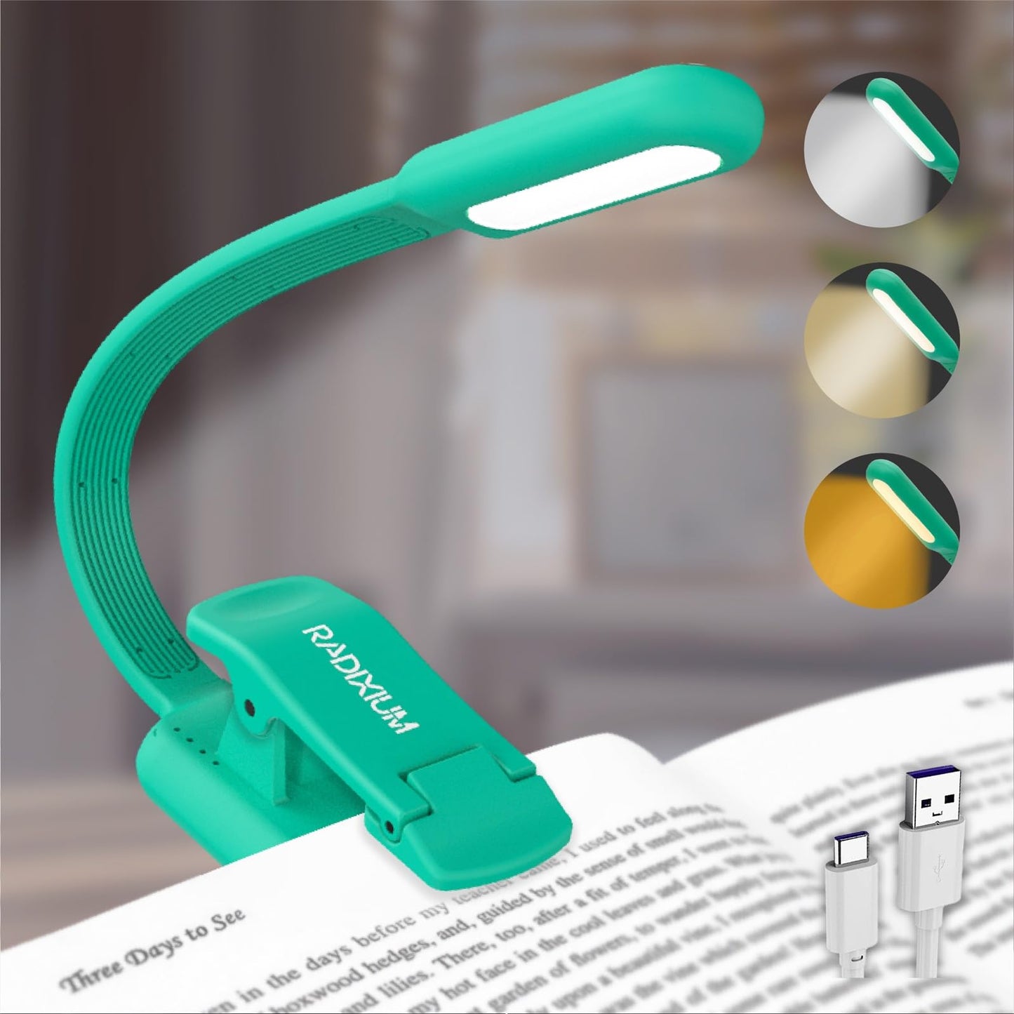 Radixium Rechargeable Book Reading Light at night in Bed, Eye Caring 9 LED with 9 Color Temperatures, Stepless Dimming Brightness, Clip on Book Light