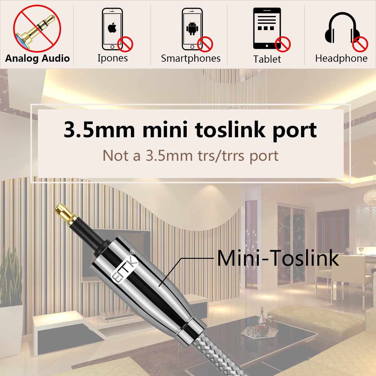EMK Optical Audio Cable, Toslink Optical to Mini Toslink Optical Cable with Braided Jacket for Home Theater, Sound Bar, TV, PS4, Xbox