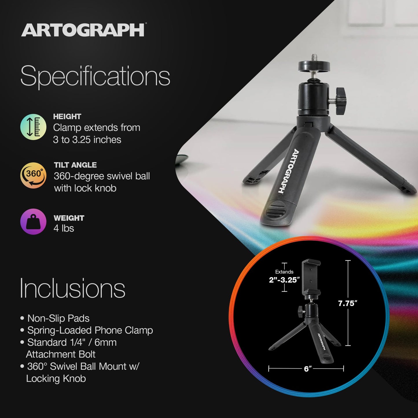 Artograph Mini Tripod Tabletop & Handheld Stand for Digital Projectors & Phones, Lightweight, Portable and Convenient Accessory for Home Photography