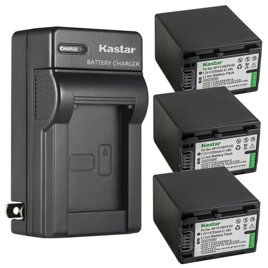 Kastar 3-Pack NP-FV100 Battery and AC Wall Charger Replacement for Sony HDR-XR150, HDR-XR155, HDR-XR160, HDR-XR260, HDR-XR350, HDR-XR350VE, HDR-XR550