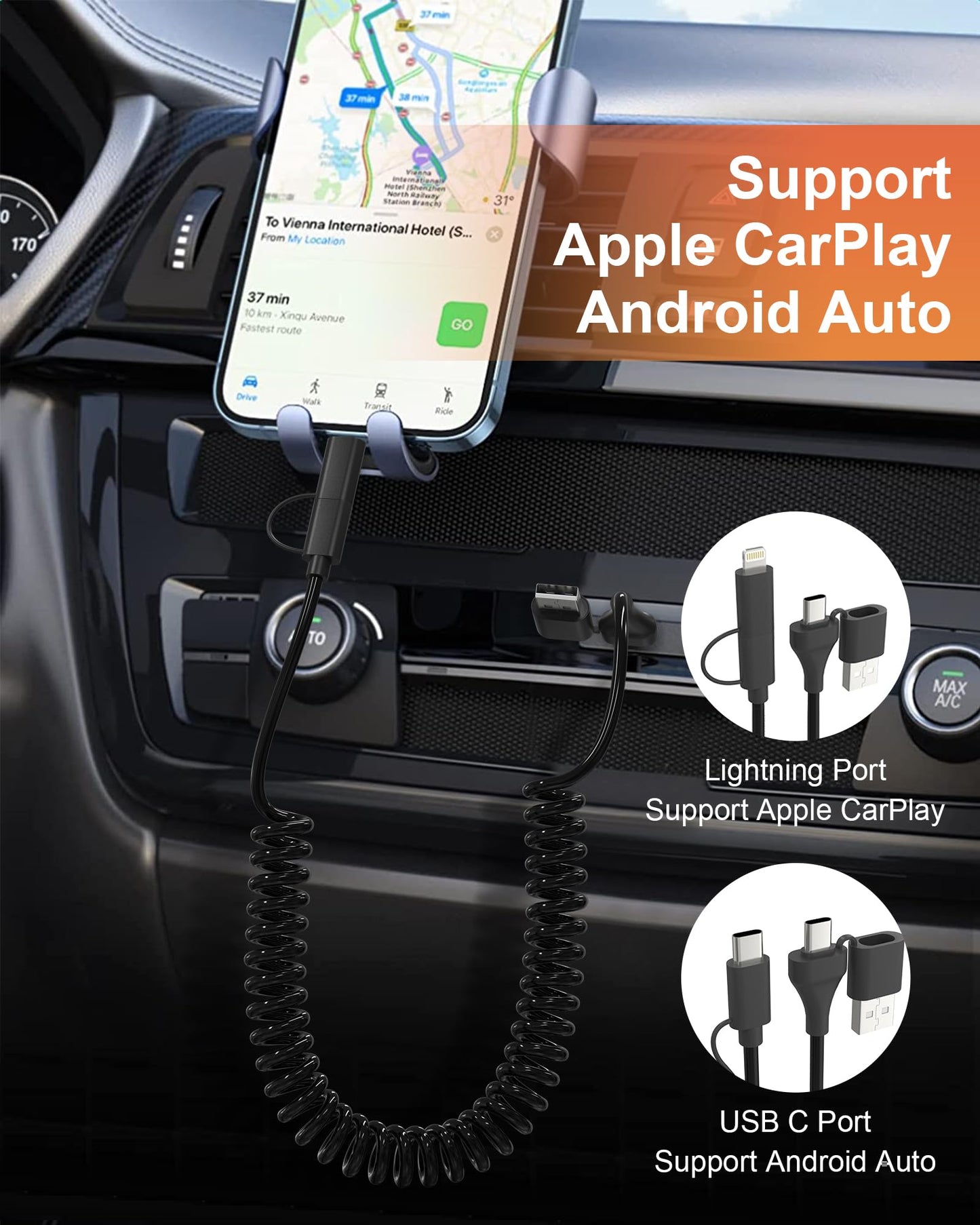 USB & USB-C to USB C and Lightning Cable Combo Coiled - 4 in 1 Charging Cable for Apple Carplay & Android Auto, 60W Short Curly Travel Multi Charger…