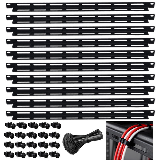 10 Pcs 19 in Rack Cable Management Kit, Including 0.5U L-Shaped Tie Bars, 20 Cabinet Screws, 100 Cable Ties, Sturdy Metal with Black Coating