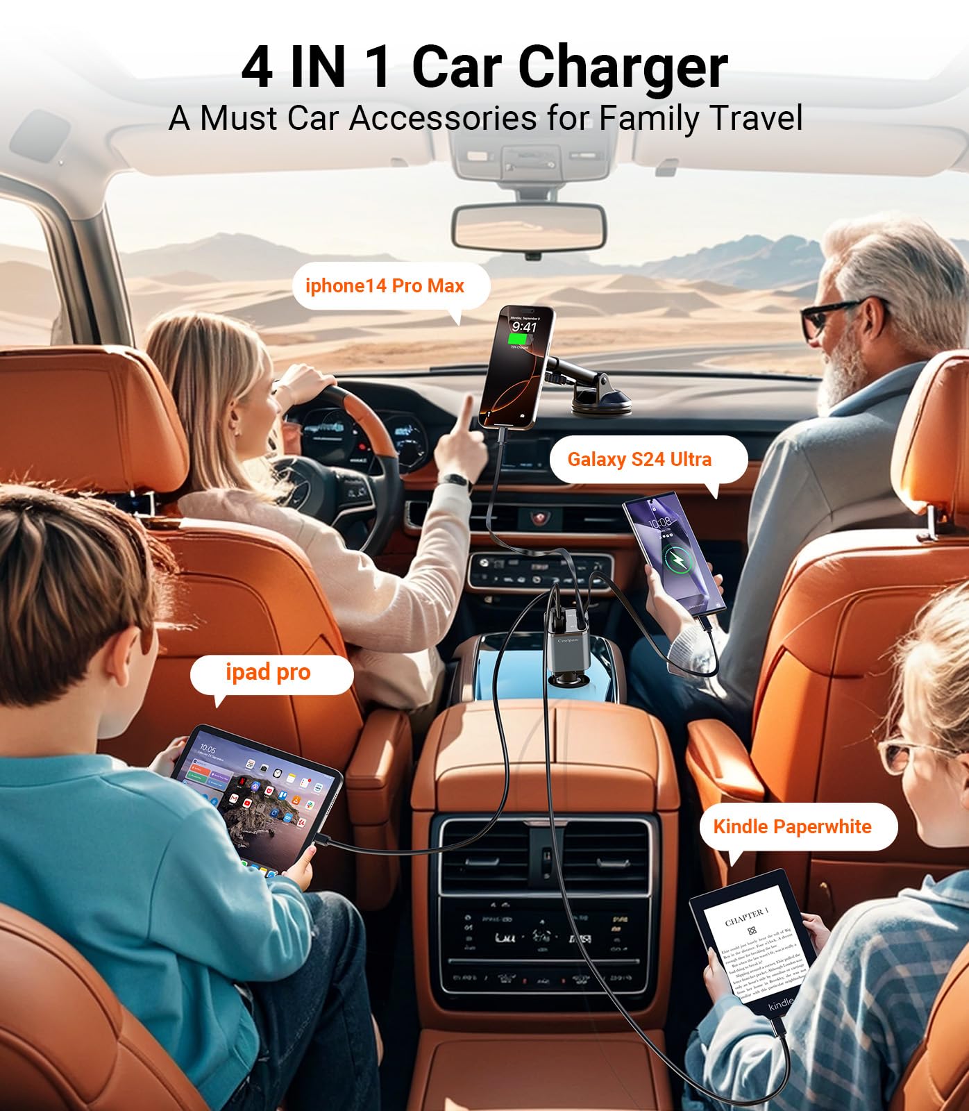Retractable Car Charger, 4 in 1 USB C Car Charger Fast Charging?Durable Material? 69W Car Phone Charger Adapter with 2 Retractable Cables and USB