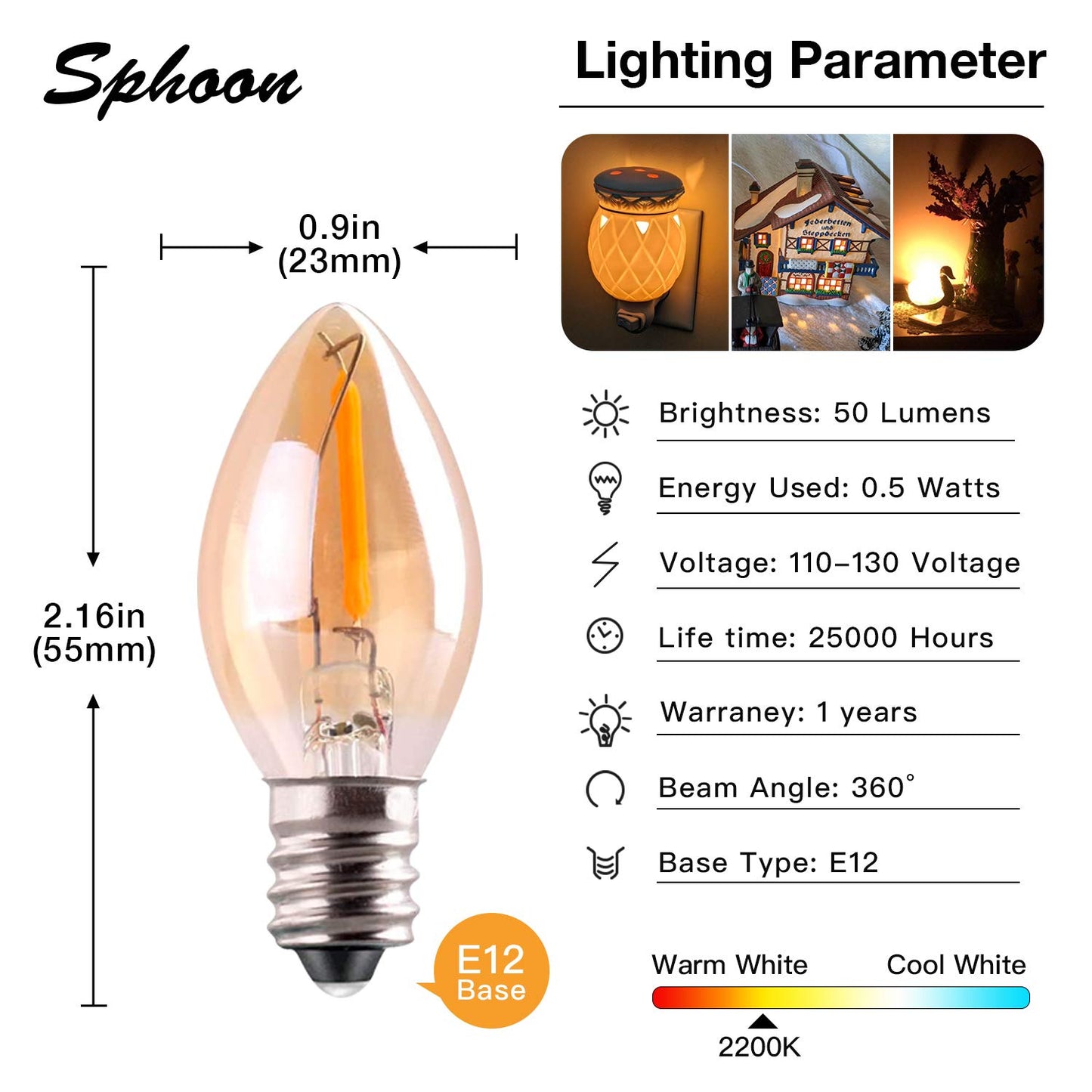 Sphoon C7 LED Night Light Bulb,E12 Candelabra 0.5W LED Filament Bulb,50lm