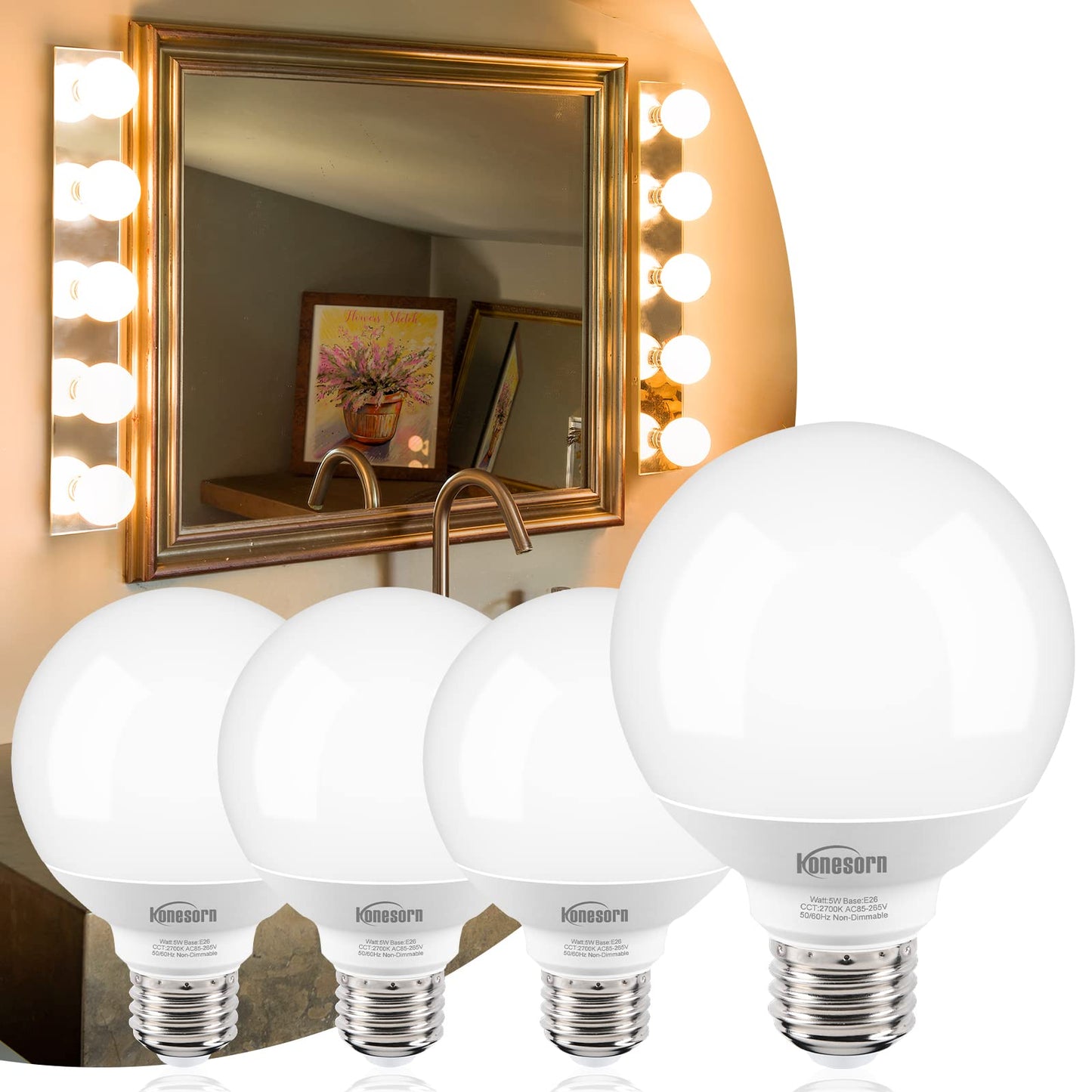 Honesorn 4 Pack G25 LED Globe Vanity Light Bulb 2700K Warm White, E26 Base