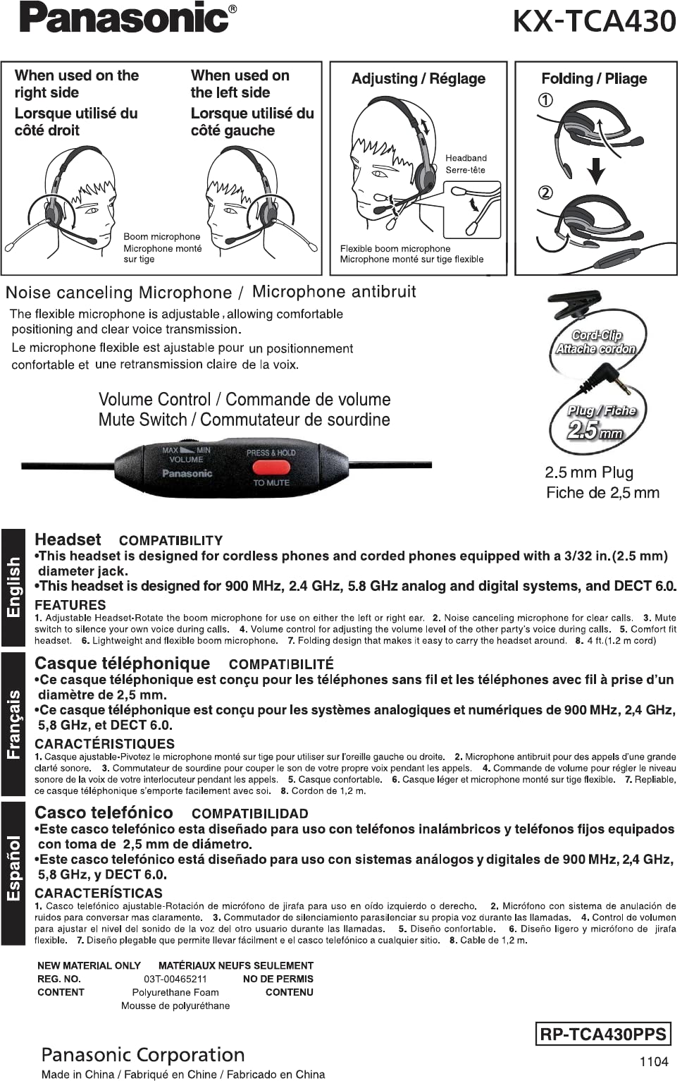 Panasonic Comfort Fit Headset for TCA Series Cordless Landline Phones, Foldable Headset with Flexible Noise-Cancelling Microphone and Volume Control
