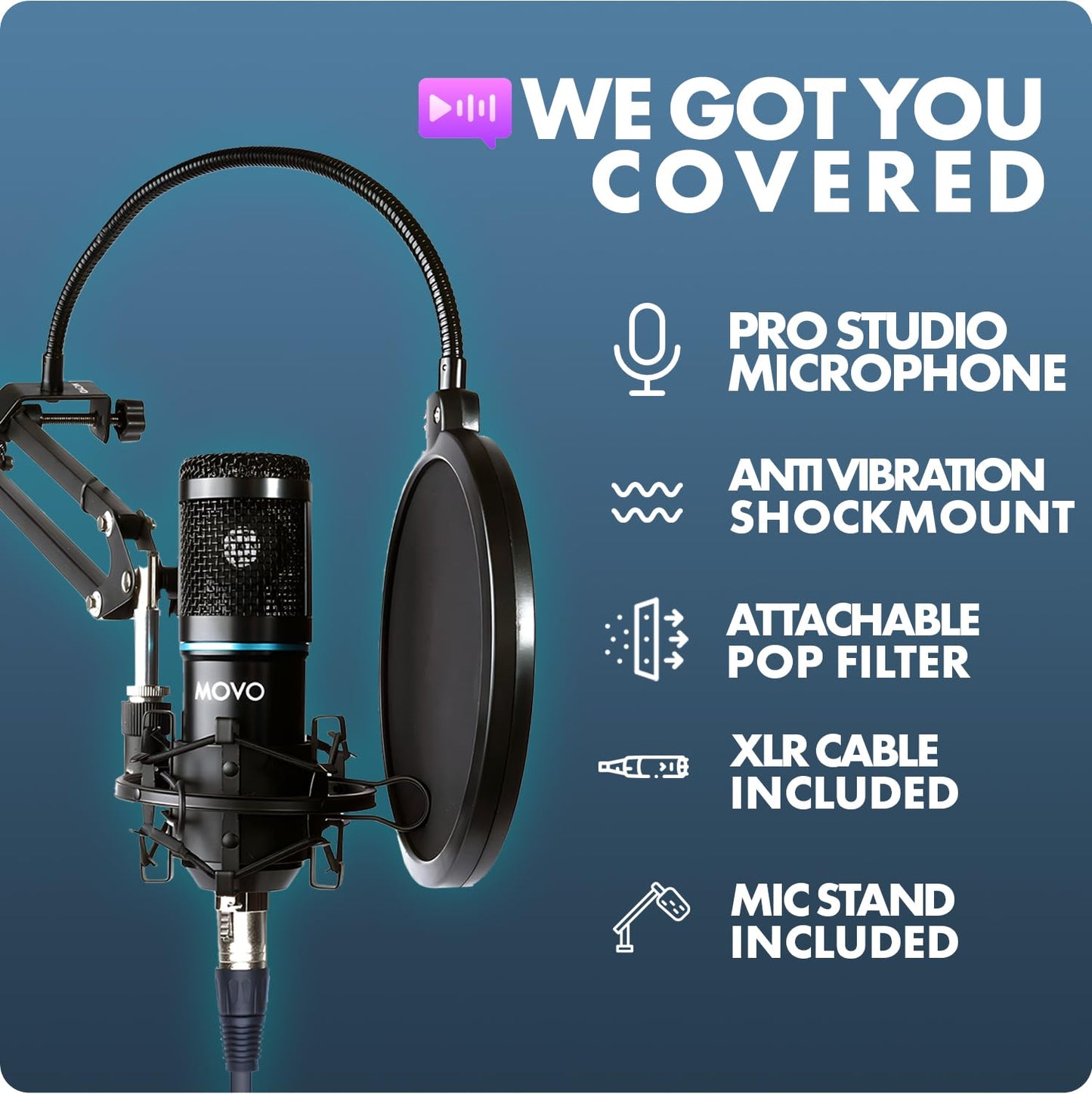 Movo PodPak2A 2-Pack Universal Cardioid Condenser Microphone Kit with Articulating Scissor Arm Mic Stand, Shock Mount, and Gooseneck Pop Filter