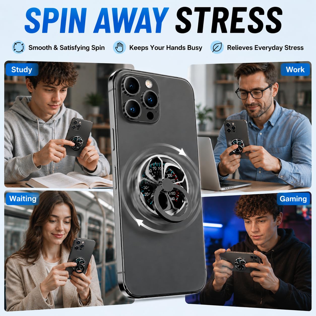 Phone Ring Holder Stand,Non-Magnetic Adhesive 360° Rotating Cell Phone Grip with Fidget Spinner, Anti-Drop Finger Ring Kickstand for iPhone Samsung