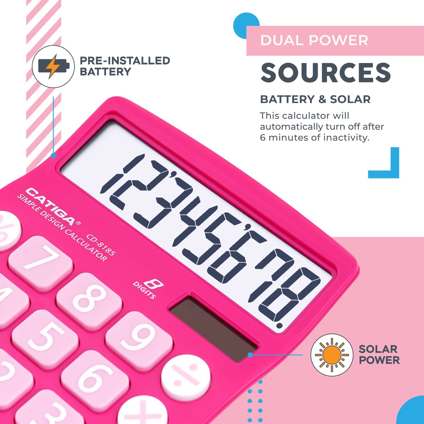 CATIGA Desktop Calculator 8 Digit with Solar Power and Easy to Read LCD Display, Big Buttons, for Home, Office, School, Class and Business, 4 Function