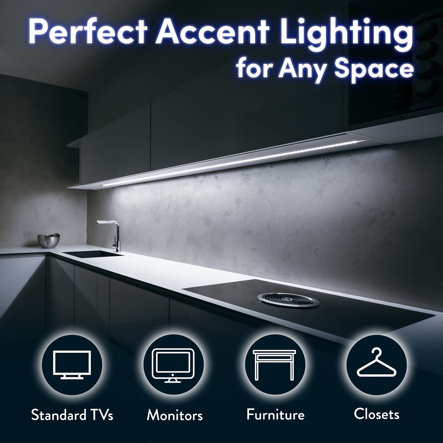 Power Practical LED Lights for TV Backlight - Luminoodle, USB Powered TV LED Light Strip w/ Bias Ambient Lighting for Home Theater - True White - Size