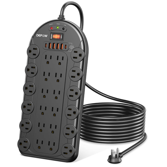 DEPOW Power Strip, 24 AC Outlets (1875W/15A) with 6 USBs (2 USB-C Ports), ETL Listed, Surge Protector (3,400 Joules), 8 Ft Heavy Duty Flat Plug