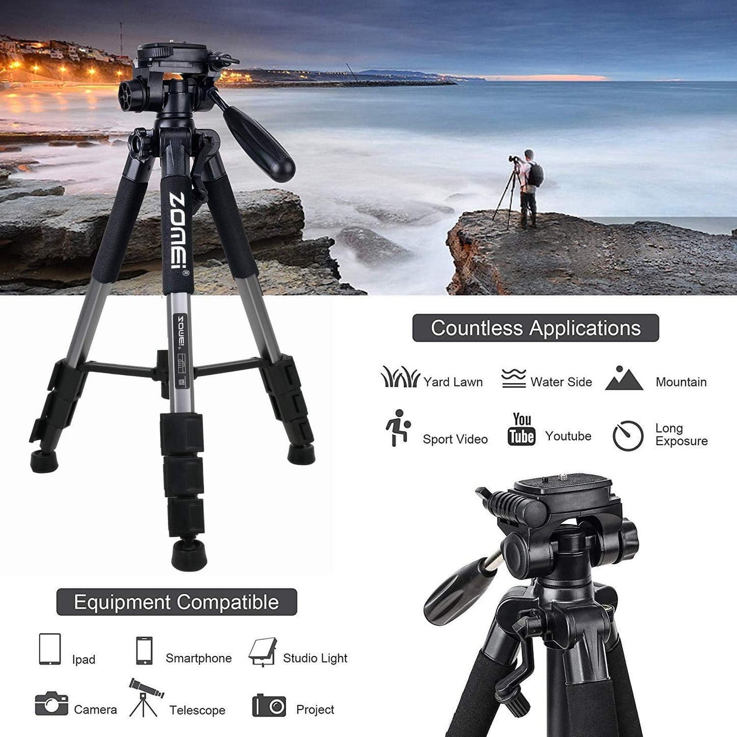 Camera Tripod, ZOMEI Q111 55-inch Smartphone Tripod Flexible Aluminum Travel Tripod with 3-Way Pan Head and Phone Holder, for Photography YouTube