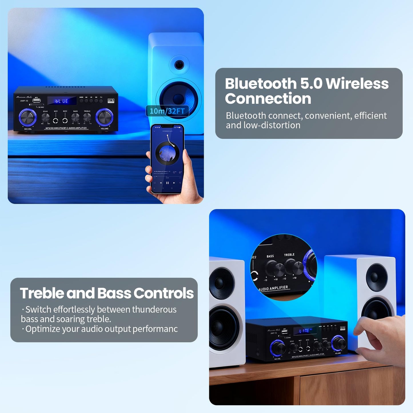 AMP-10 Bluetooth Amplifiers RMS 50WX2 Stereo Audio Amp Receivers for Home Speaker 2.0 Channel Max 600W Output Mini Power Amplifier w/FM Radio, Echo
