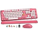 Wireless Keyboard and Mouse Combo, Cute Hot Pink Full-Size Retro Typewriter Keyboard with Round Keycaps, Magnetic Wrist Rest, Tilt Legs, 2.4GHz