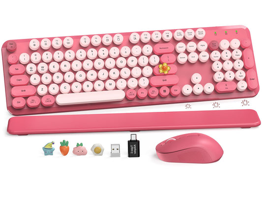 Wireless Keyboard and Mouse Combo, Cute Hot Pink Full-Size Retro Typewriter Keyboard with Round Keycaps, Magnetic Wrist Rest, Tilt Legs, 2.4GHz