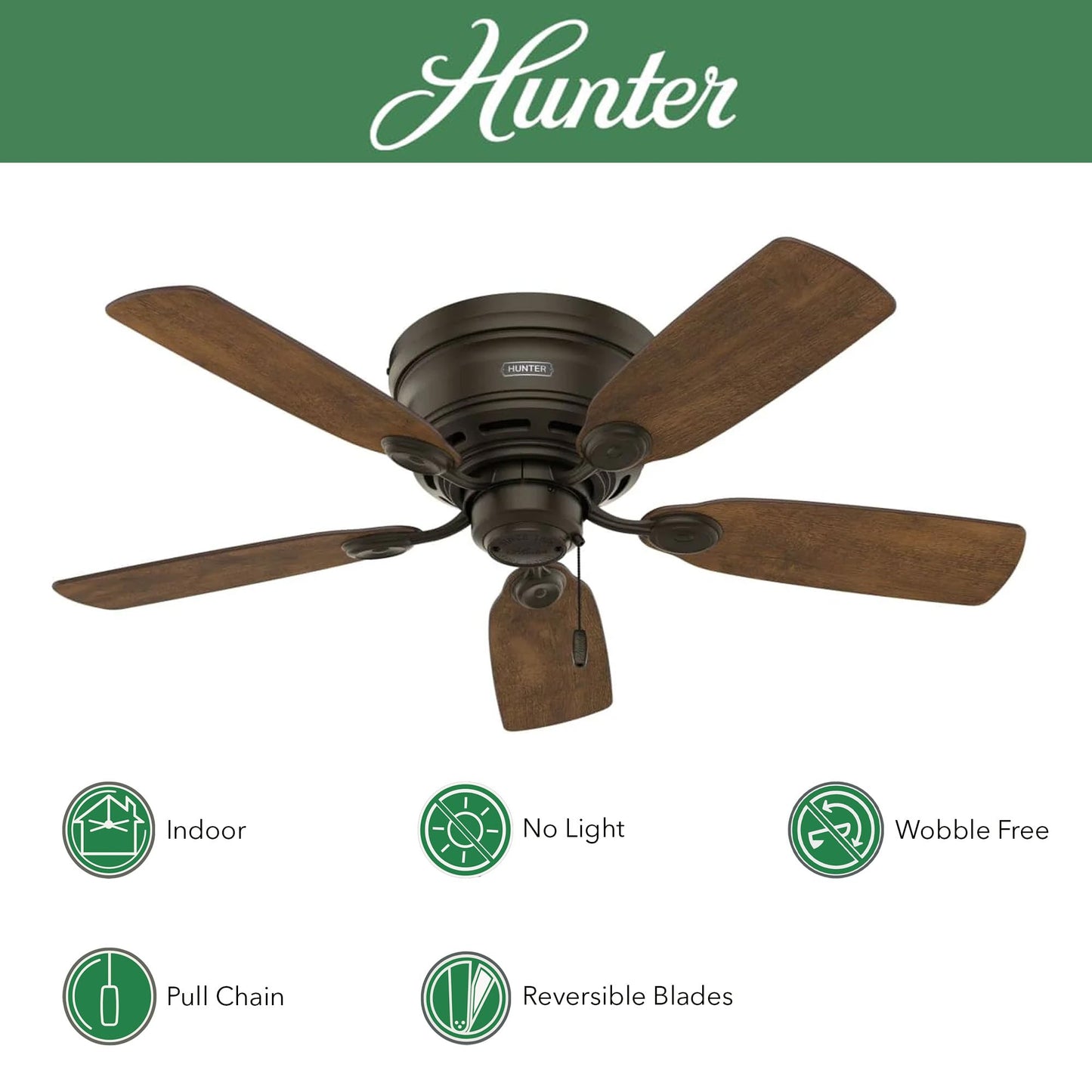 Hunter Fan 42in New Bronze Finish Low Profile Ceiling Fan with Reversible Weathered Oak / Wine Country Blades (Renewed)
