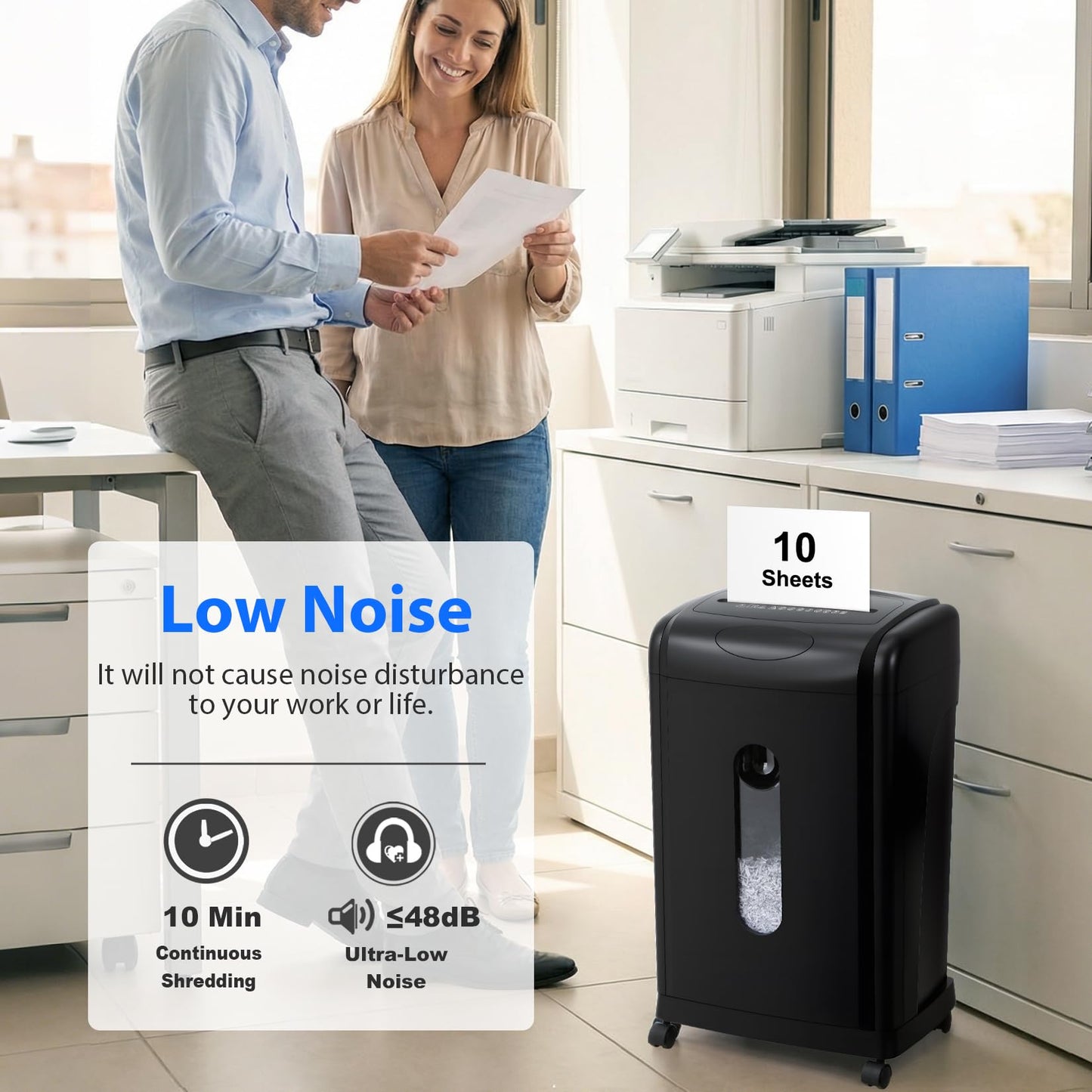 Low Noise 48dB Paper Shredder for Home, 10-Sheet Micro Cut, P-5 High Security, CD/Credit Card Shredder, 7.9 Gallons Wastebasket, Black