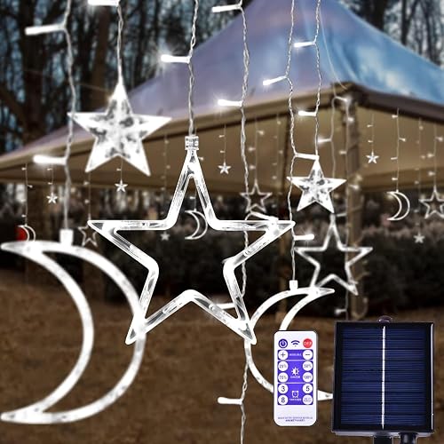 XINXIANLIAN 138 LED Ramadan Decorations Lights Solar Moon and Star Lights Outdoor Waterproof Powered Curtain Lights with 8 Modes Ramadan Hanging Decor