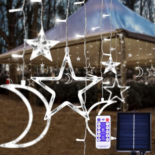 XINXIANLIAN 138 LED Ramadan Decorations Lights Solar Moon and Star Lights Outdoor Waterproof Powered Curtain Lights with 8 Modes Ramadan Hanging Decor