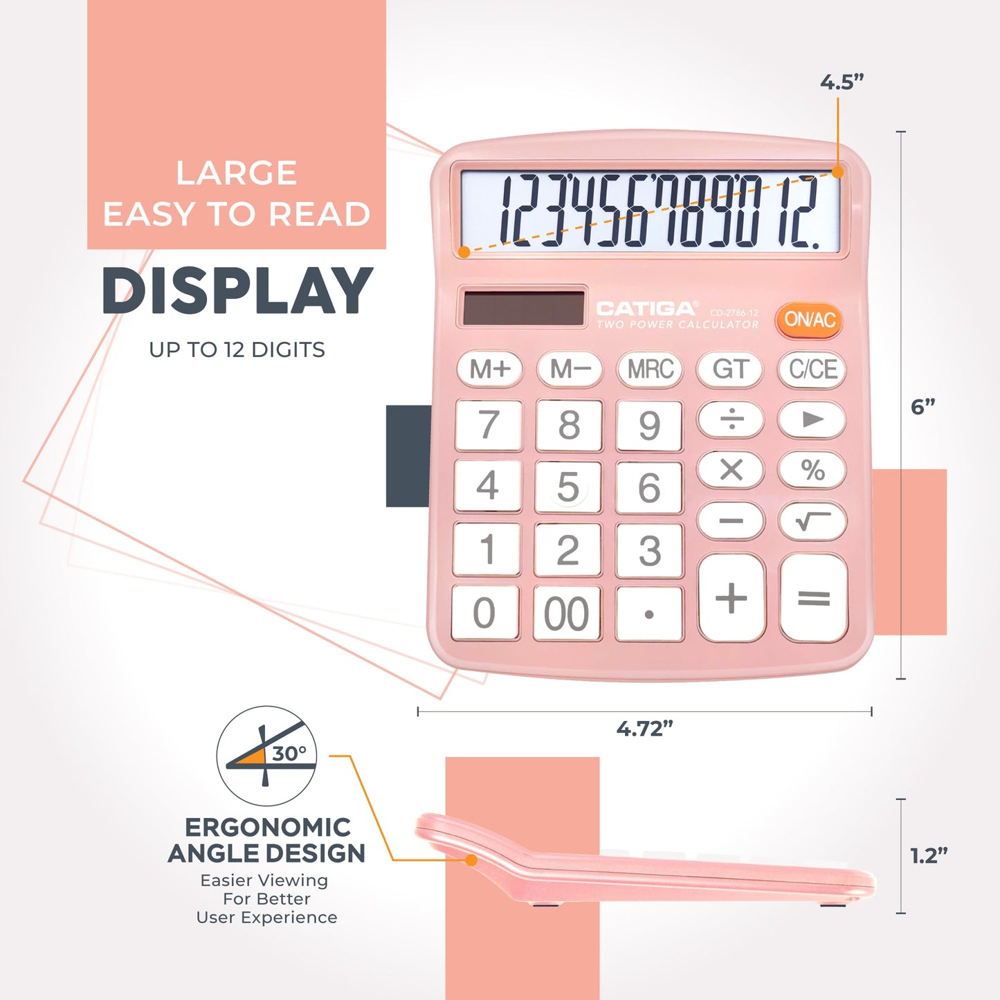 CATIGA 12 Digits Desktop Calculator with Large LCD Display and Sensitive Button, Dual Solar Power and Battery, Standard Function for Office, Home