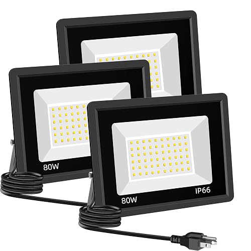 Sunkkes 3 Pack 80W LED Warm White Floodlight, 3000K Outside Flood Light with Plug, Ultra Bright 10400LM Outdoor Security Lights, IP66 Waterproof Flood