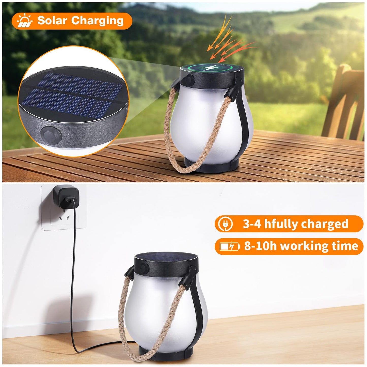 2 Pack Solar Flame Lantern Lights - Flickering Flame Hanging Lanterns Outdoor, Waterproof Garden Lights with 2 Modes Dual Charging USB & Solar Yard