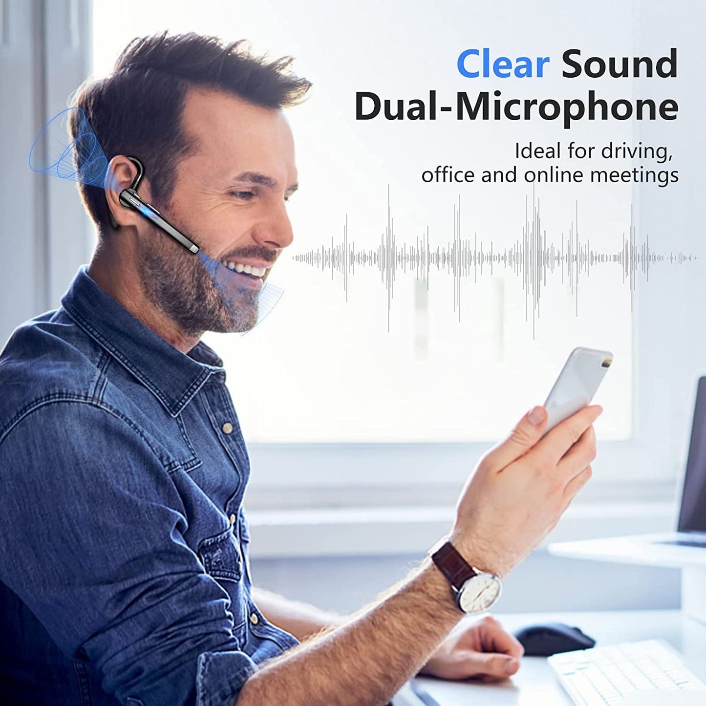 WJBCNEENT Single Bluetooth Headset, Business Wireless Earbud Bluetooth Earpiece V5.3 Hands-Free Earphones with Mic, Compatible for iPhone Cell Phones