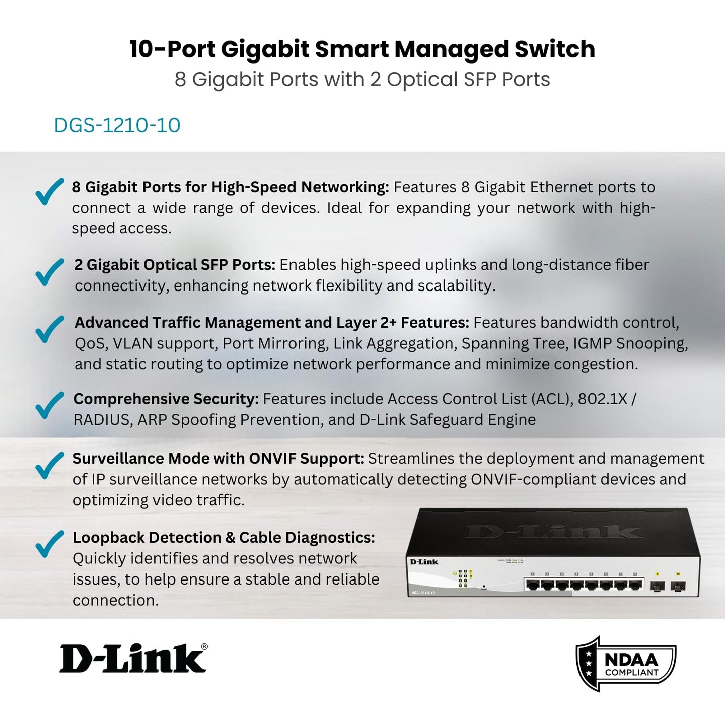 D-Link 10-Port Gigabit Smart Managed Switch | 8 GbE + 2 SFP Ports | L2+ | VLANs | Cable Diagnostics | Web Managed | Desktop or Rackmount | Fanless |
